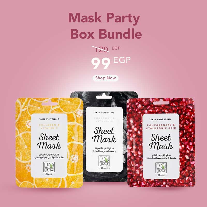Three sheet mask packages with a promotional offer on a pink background