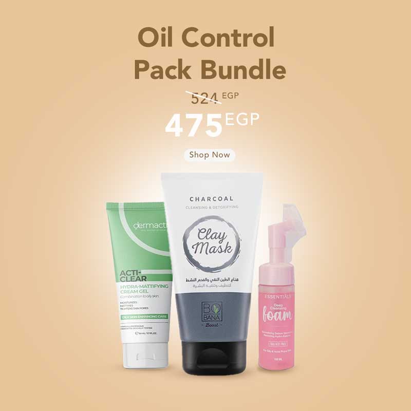 Oil control pack bundle with three skincare products on a beige background