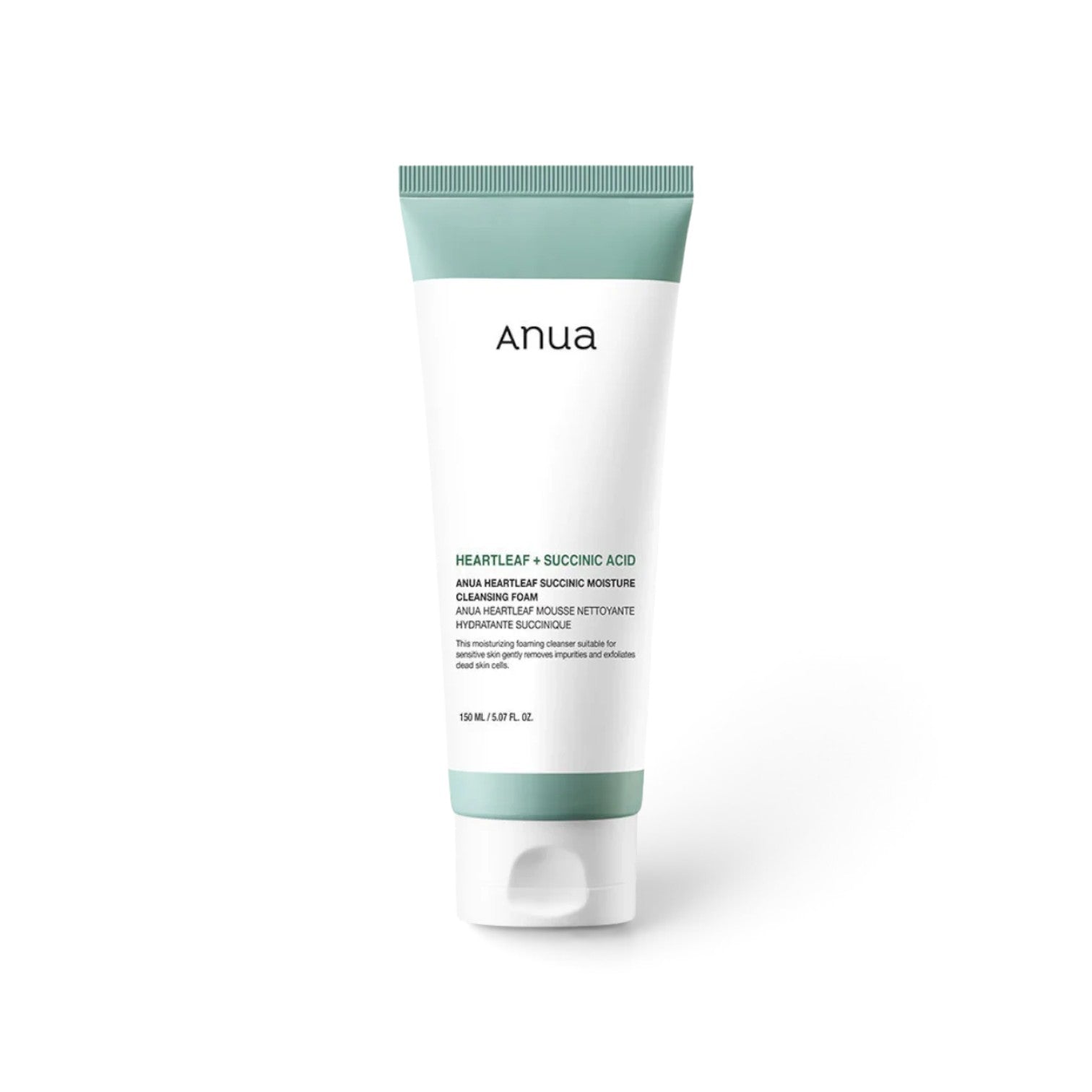 likemoon.shop ANUA Heartleaf Succinic Cleansing Foam in a white and sage green squeeze tube for sensitive skin