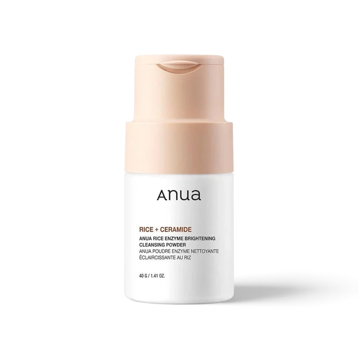 likemoon.shop ANUA Rice Enzyme Brightening Cleansing Powder in a white 40g bottle with a soft peach cap