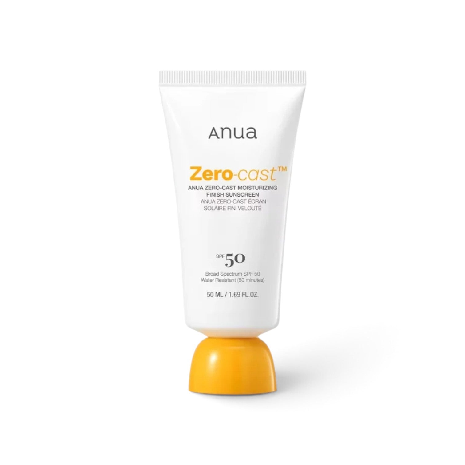 likemoon.shop Anua Zero-Cast moisturizing finish sunscreen in a 50ml white tube with a yellow cap