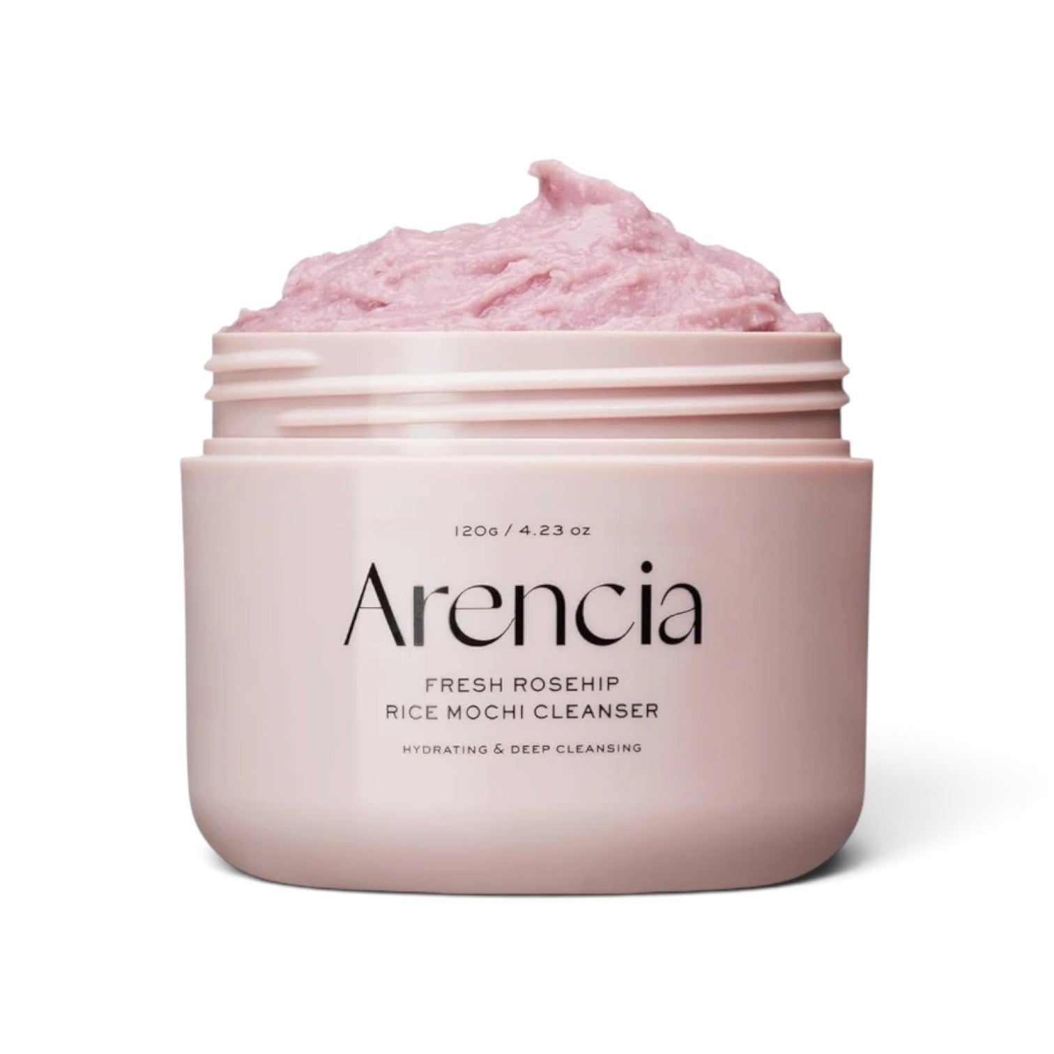 likemoon.shop Arencia Fresh Rosehip Rice Mochi cleanser in a light pink jar with textured pink cleansing paste