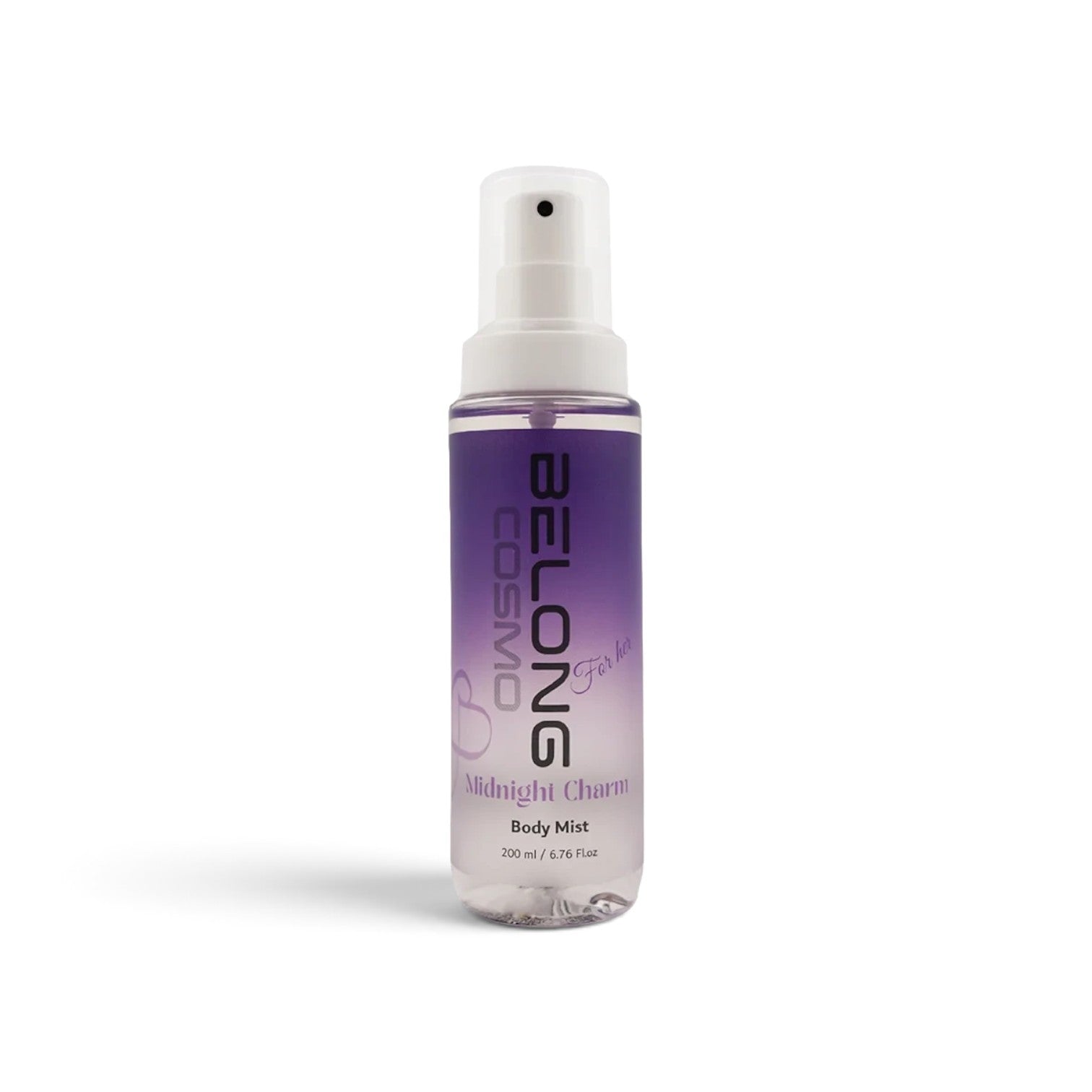 likemoon.shop BELONG COSMO Midnight Charm body mist in a 200ml clear spray bottle with a purple gradient label