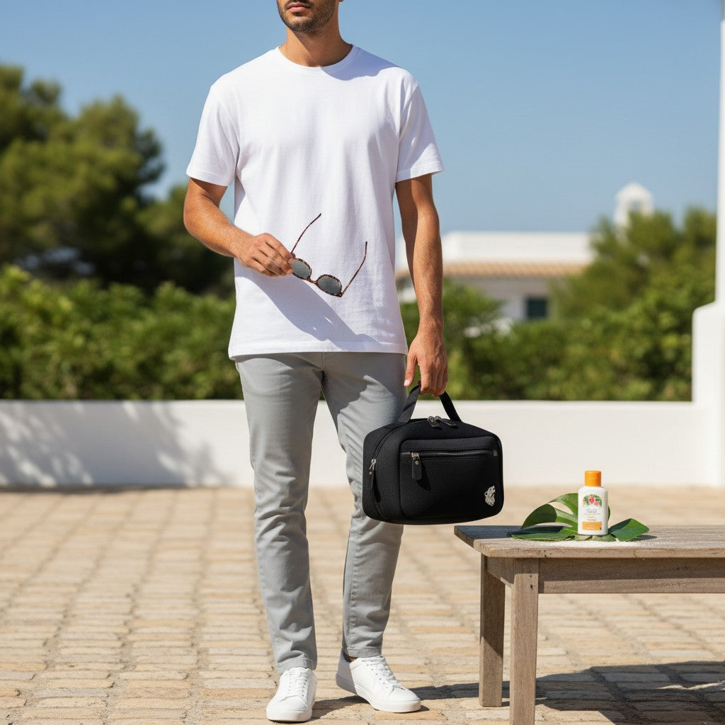 likemoon.shop The Bag in black padded material, held by a man in a white t-shirt and grey trousers outdoors.