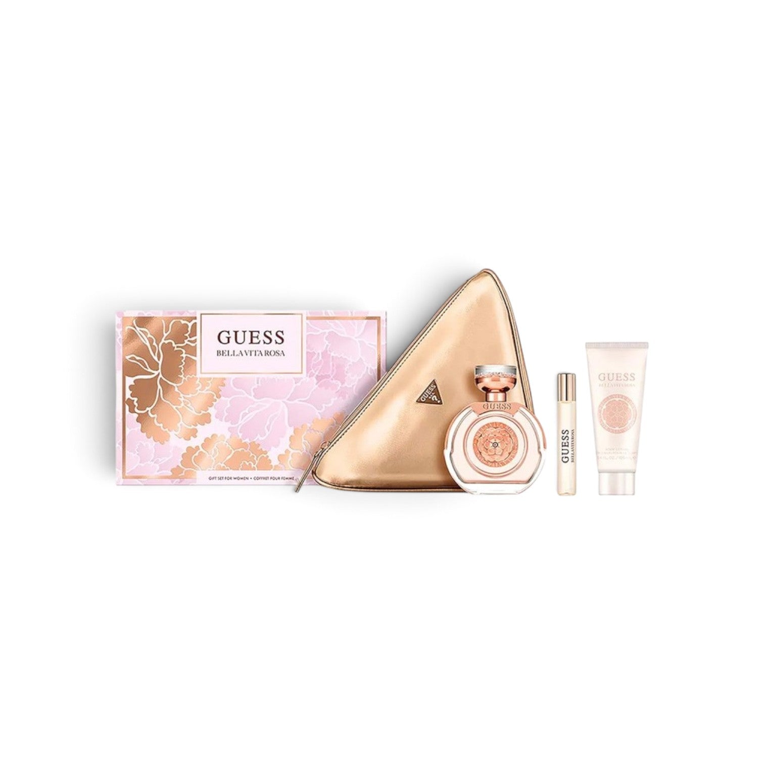 likemoon.shop Guess Bella Vita Rosa 4-piece gift set including perfume, travel spray, and lotion in a gold pouch.