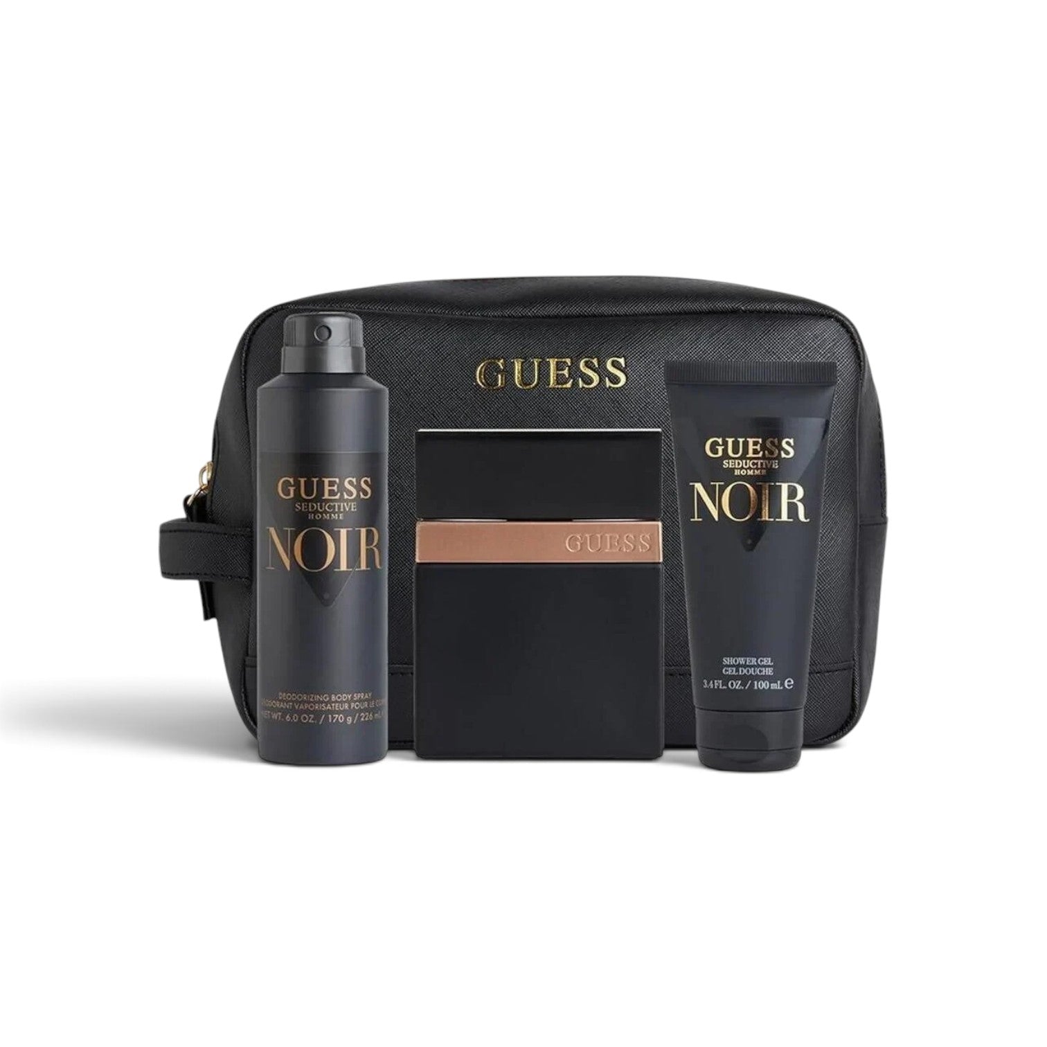 likemoon.shop Guess Seductive Noir men's fragrance gift set with cologne, body spray, shower gel, and black toiletry bag