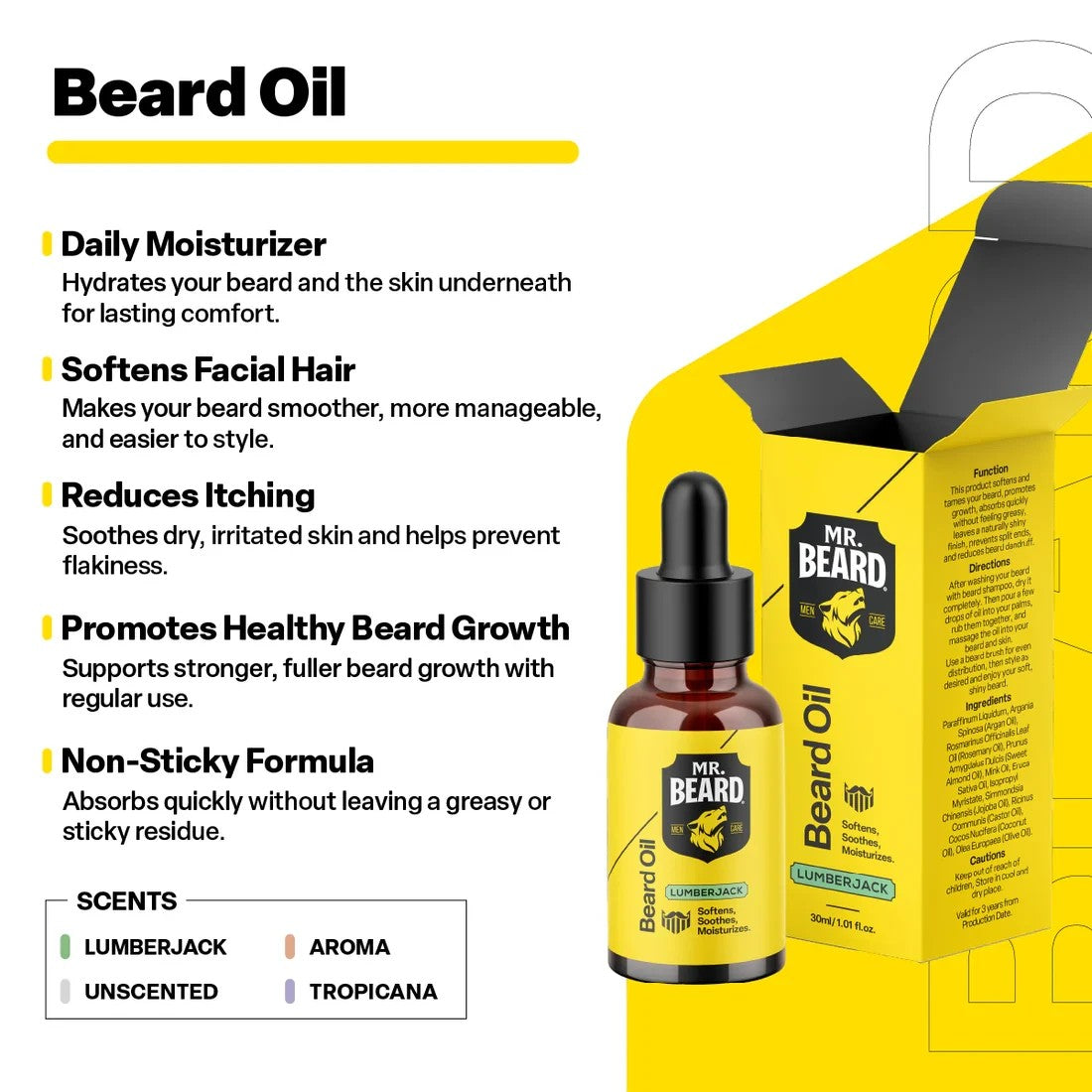 likemoon.shop Mr. Beard Lumberjack beard oil bottle and packaging box with benefits and ingredients list