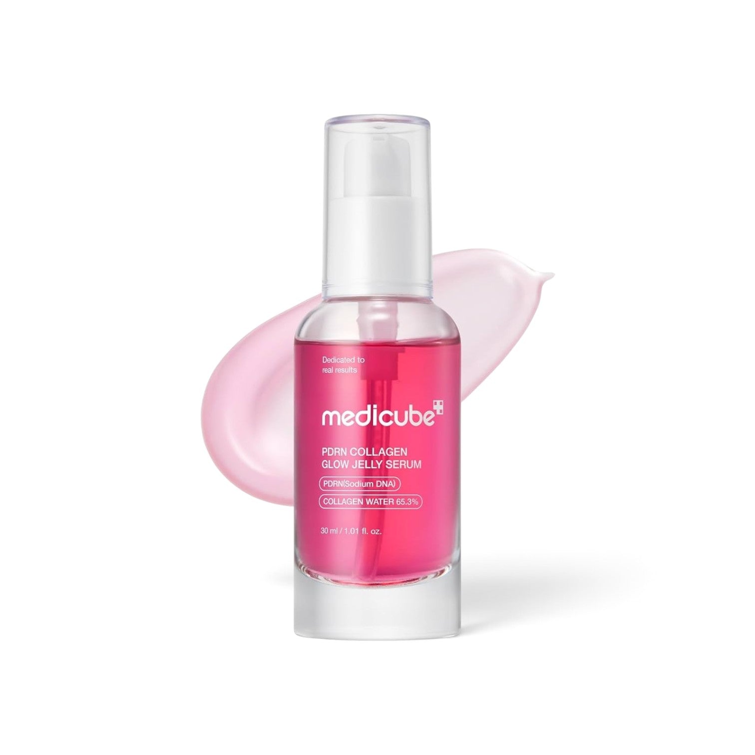 likemoon.shop MEDICUBE PDRN Collagen Glow Jelly Serum in a clear 30ml pump bottle with pink liquid