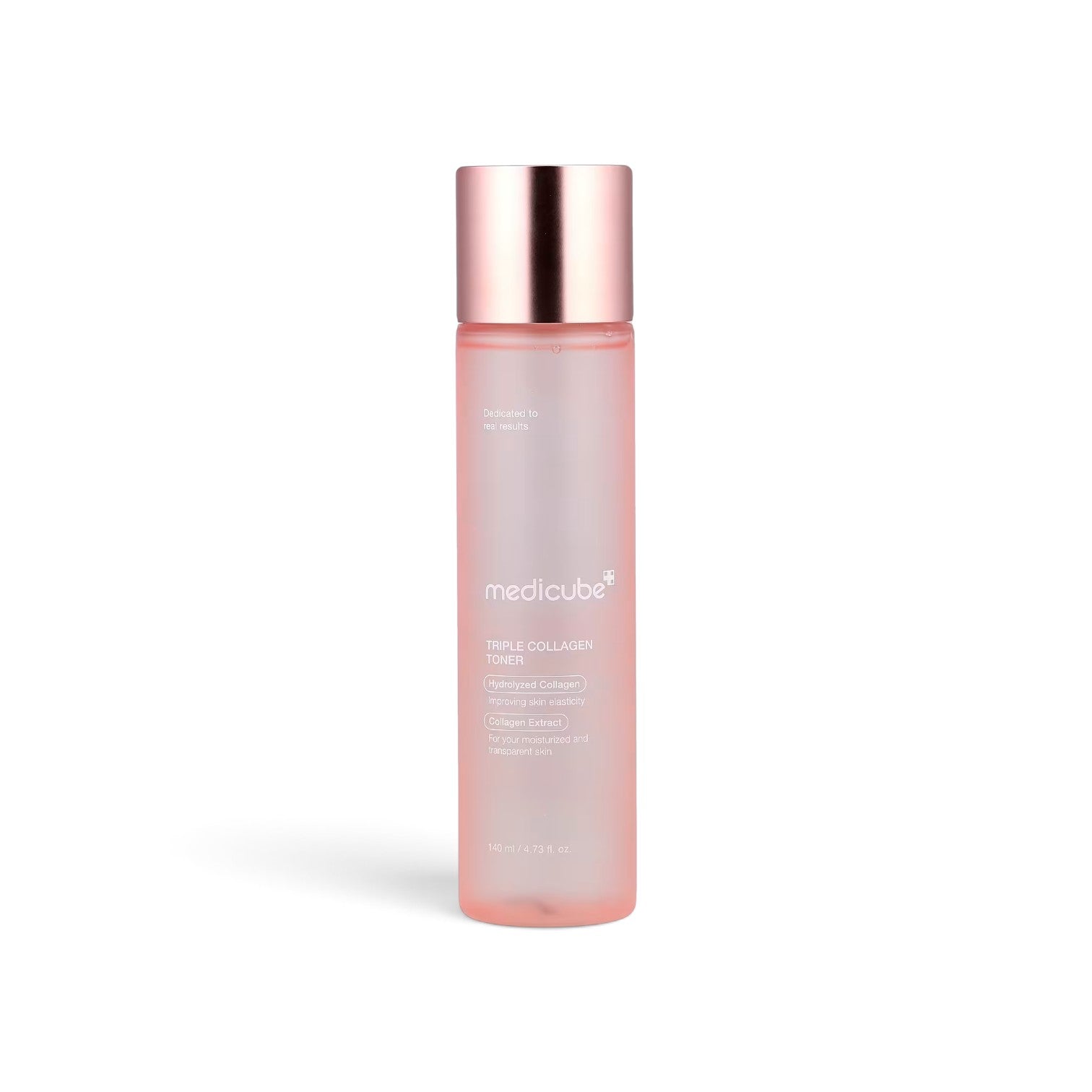 likemoon.shop Medicube Triple Collagen Toner in a pink frosted bottle with a metallic rose gold cap