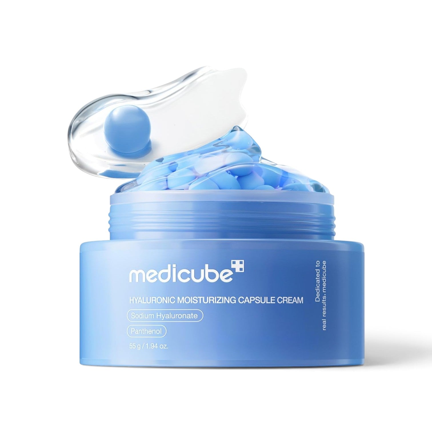likemoon.shop MEDICUBE Hyaluronic Moisturizing Capsule Cream with blue hydrating spheres in a light blue jar