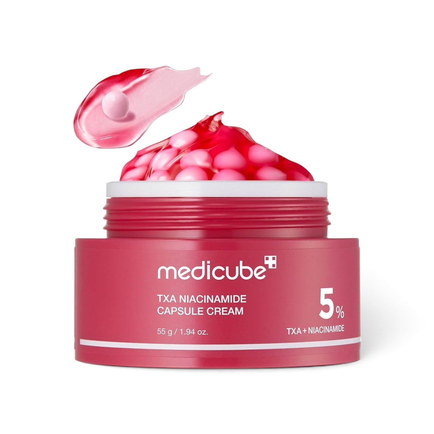 likemoon.shop MEDICUBE TXA Niacinamide Capsule Cream in a pink jar with visible pink gel capsules and cream texture