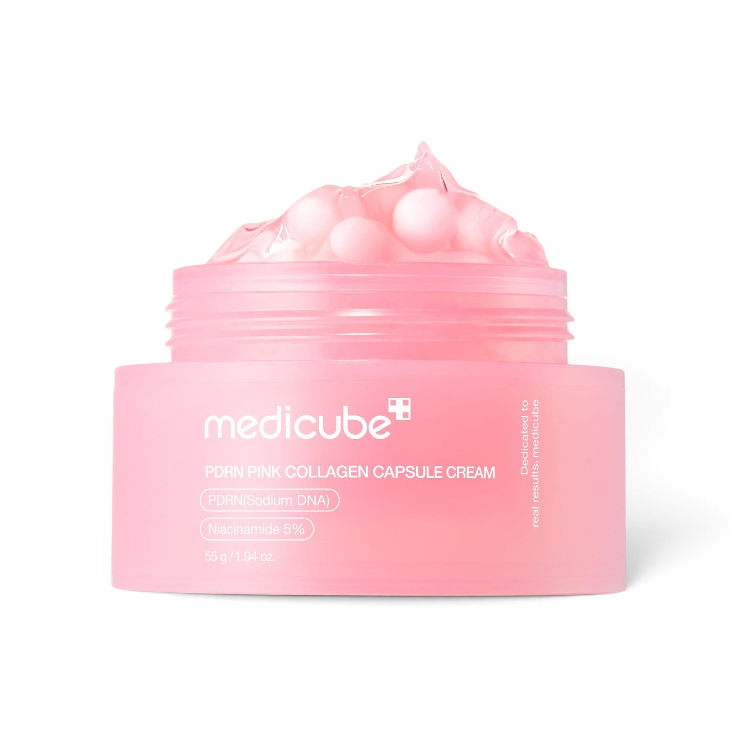 likemoon.shop MEDICUBE PDRN Pink Collagen Capsule Cream in a jar with visible pink gel and collagen spheres