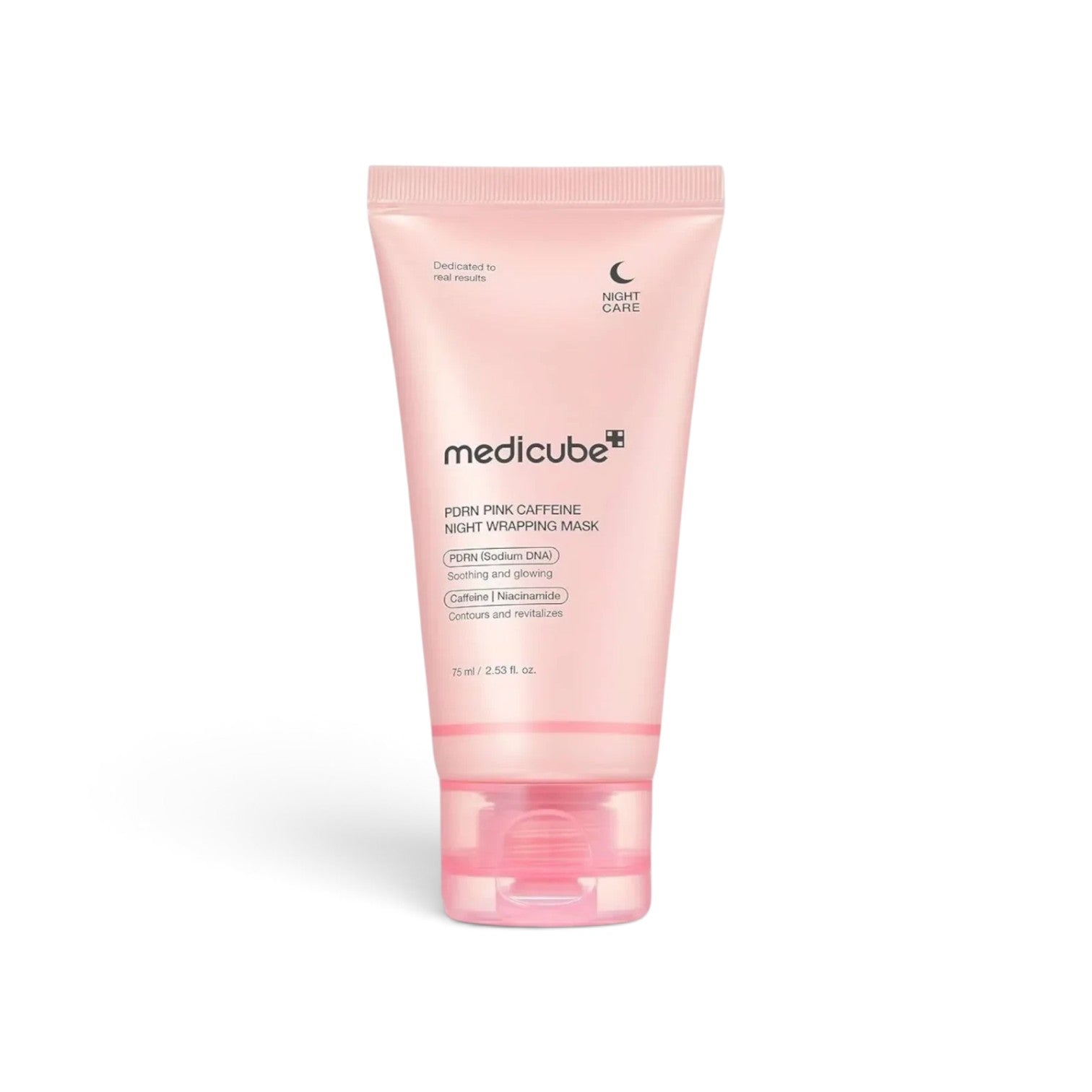 likemoon.shop Medicube PDRN Pink Caffeine Night Wrapping Mask in a 75ml light pink squeeze tube for overnight care.