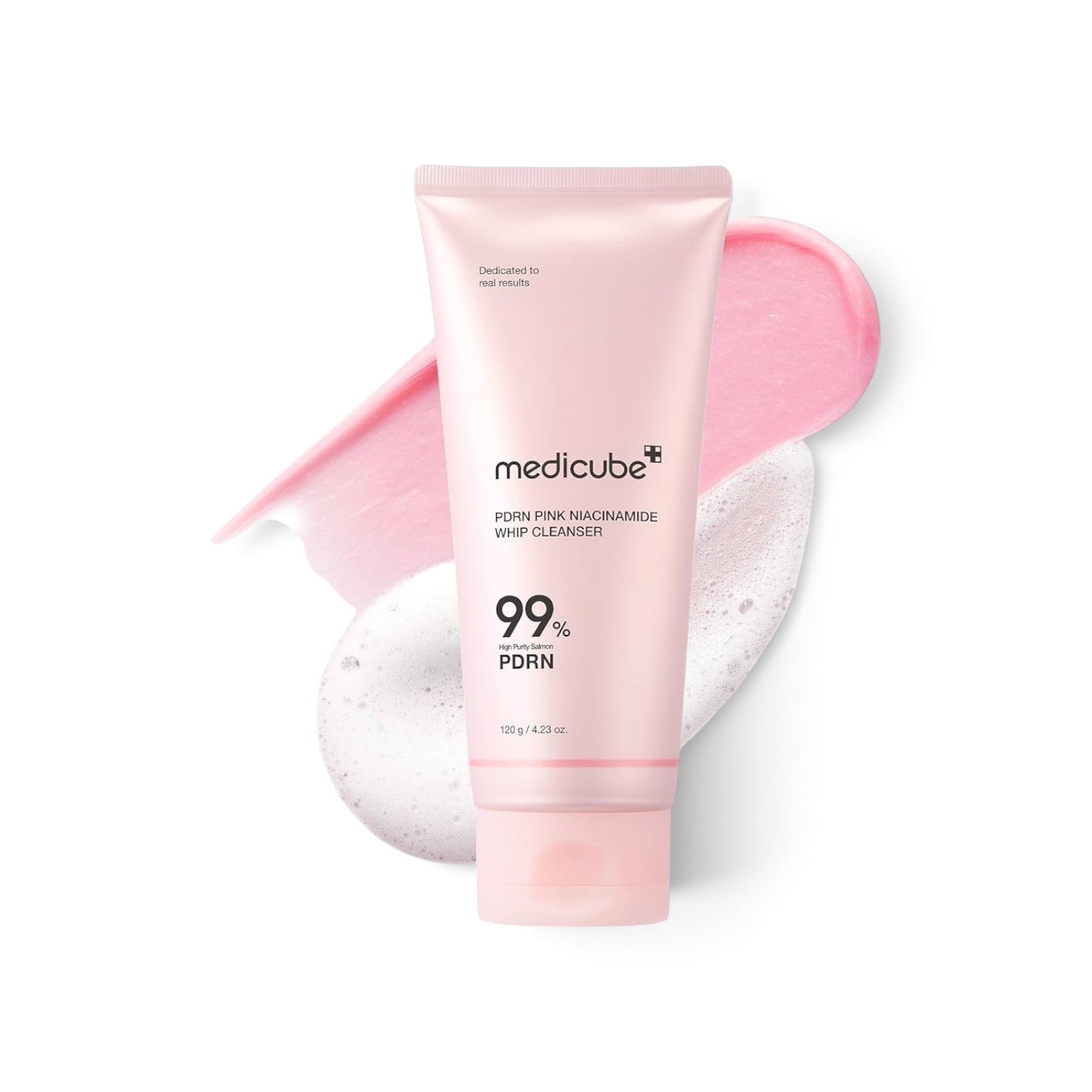 likemoon.shop MEDICUBE PDRN Pink Niacinamide Whipped Cleanser in a light pink tube with a creamy textured swirl