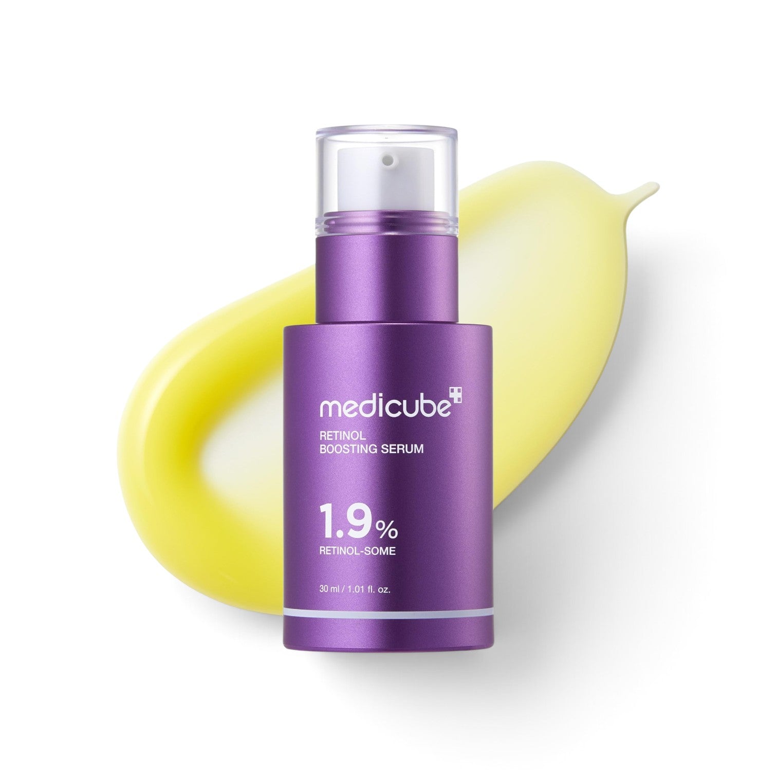 likemoon.shop MEDICUBE Retinol NMN Boosting Serum in a purple bottle with a yellow serum swatch in the background