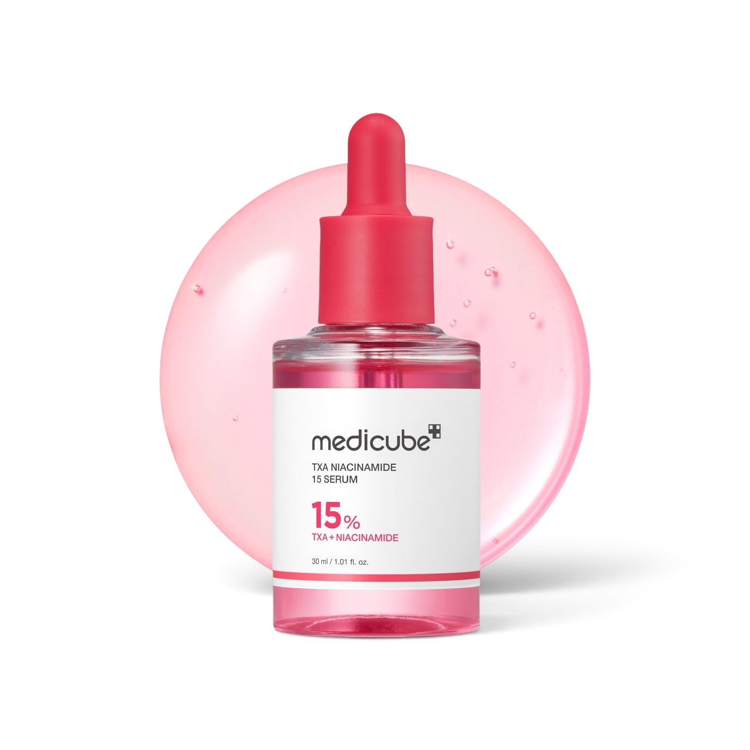 likemoon.shop MEDICUBE TXA Niacinamide 15% Serum in a 30ml glass bottle with a pink dropper cap