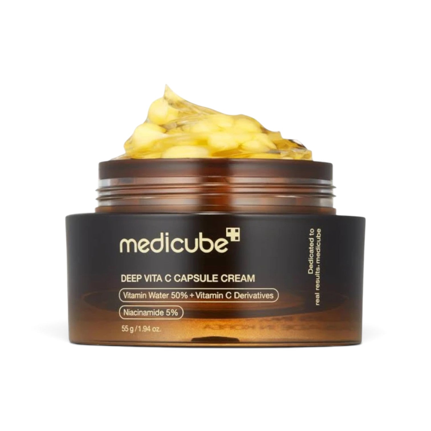 likemoon.shop MEDICUBE Deep Vita C Capsule Cream in a brown jar with visible vitamin capsules in the gel texture