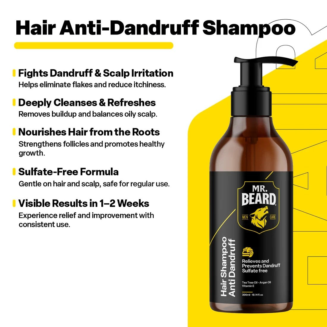 likemoon.shop Mr. Beard anti-dandruff hair shampoo bottle with tea tree and argan oil for scalp health