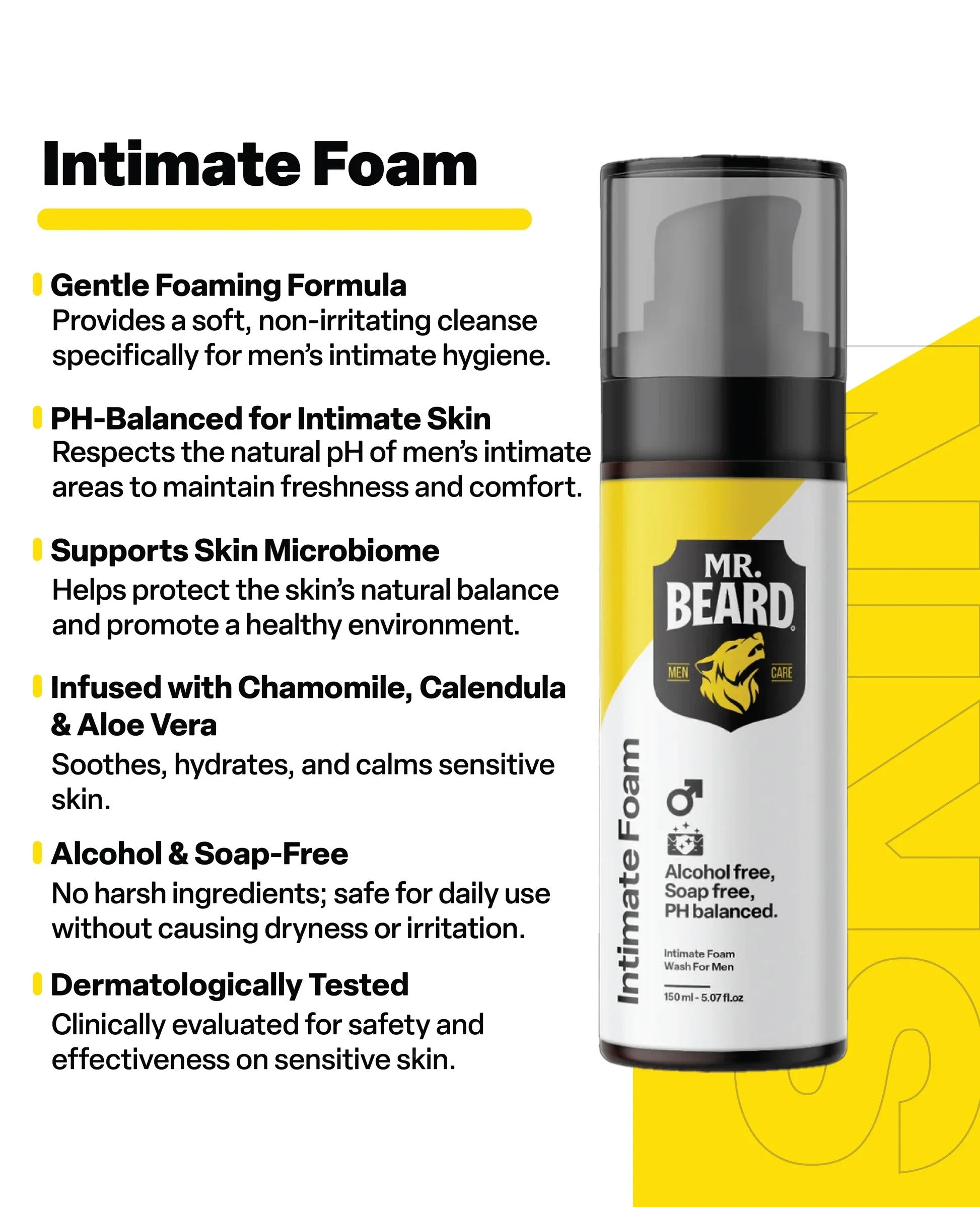 likemoon.shop Mr. Beard Intimate Foam bottle with yellow and white label detailing gentle pH-balanced ingredients.