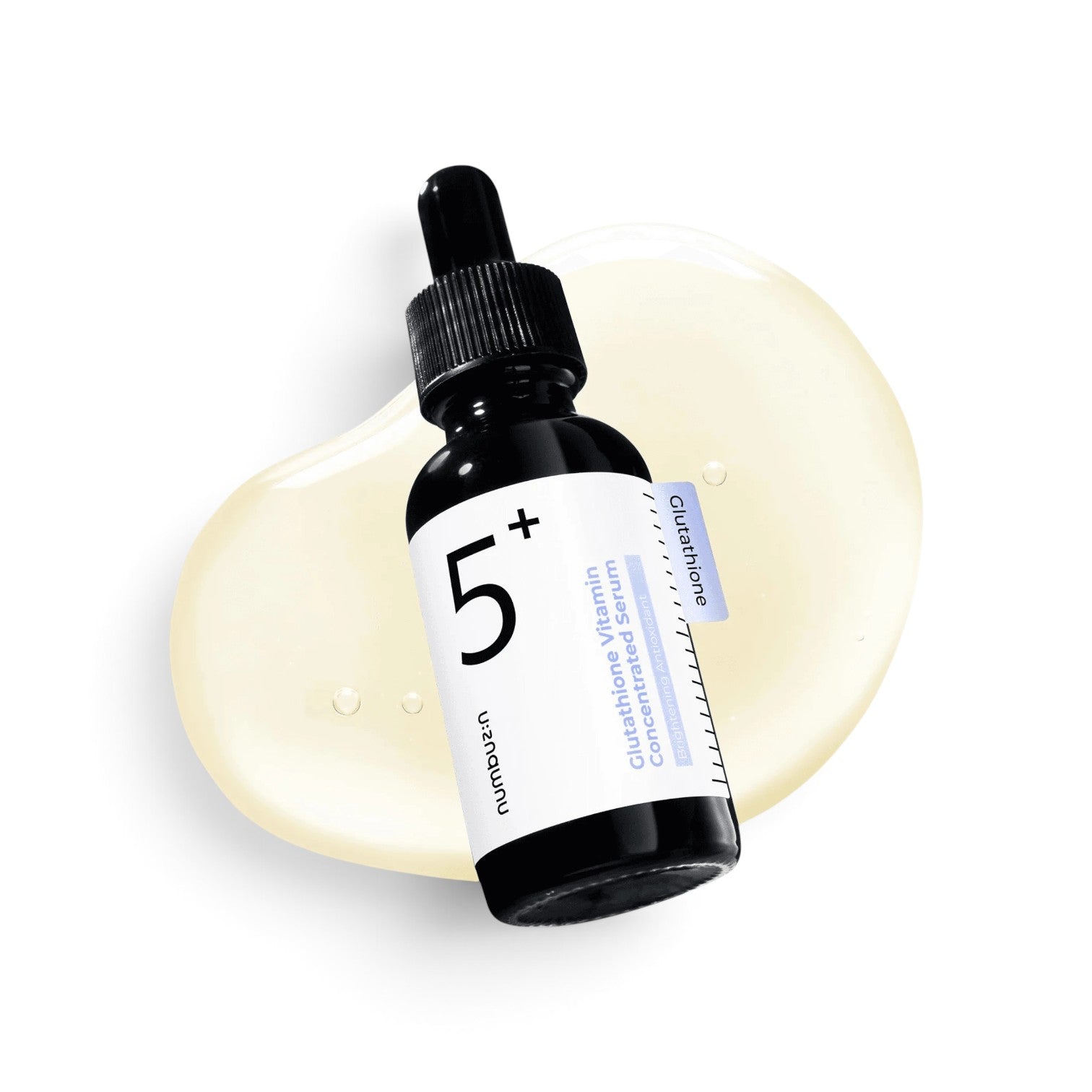 likemoon.shop NUMBUZIN No.5 Vitamin Concentrated Serum in a black dropper bottle with a yellow serum splash background
