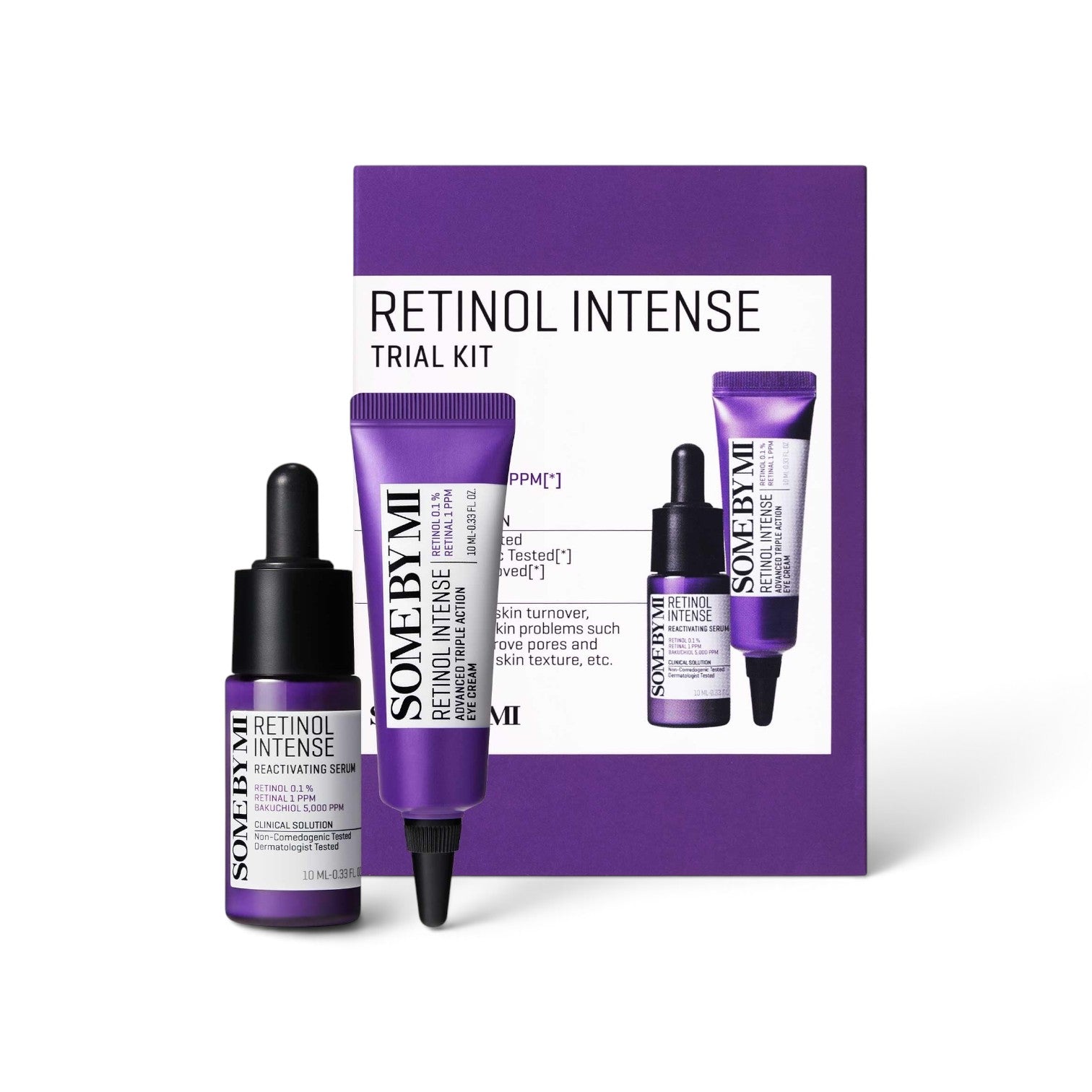 likemoon.shop SOME BY MI Retinol Intense trial kit featuring a purple serum bottle and eye cream tube
