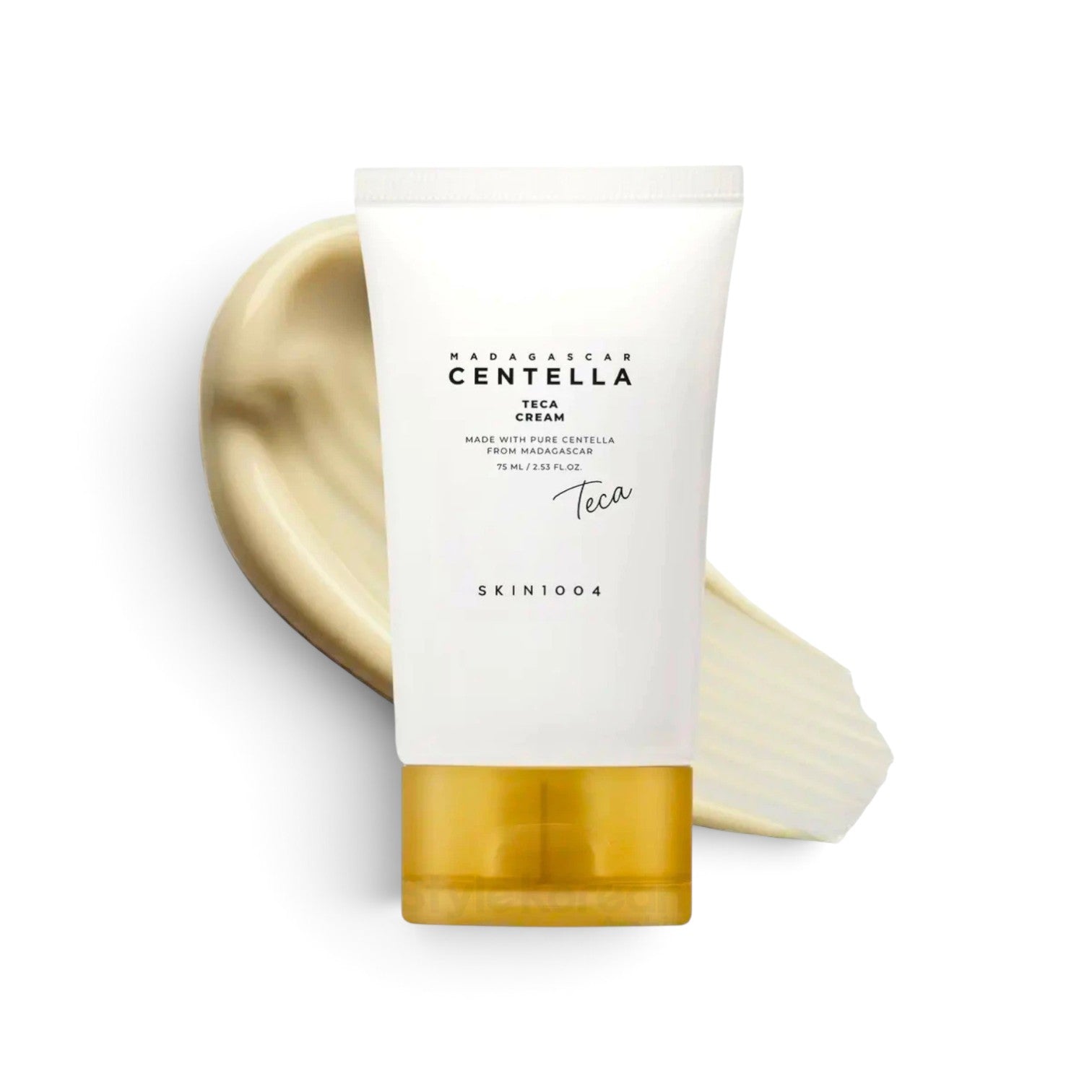 likemoon.shop SKIN 1004 Madagascar Centella Teca Cream in a white squeeze tube with a gold cap and cream swatch