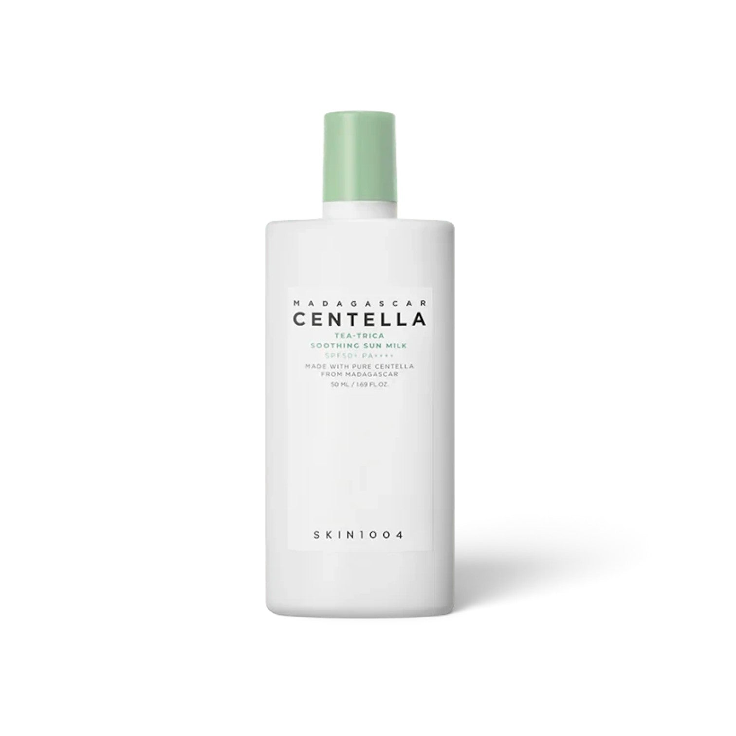 likemoon.shop SKIN1004 Madagascar Centella Tea-Trica Soothing Sun Milk 50ml bottle with a light green cap