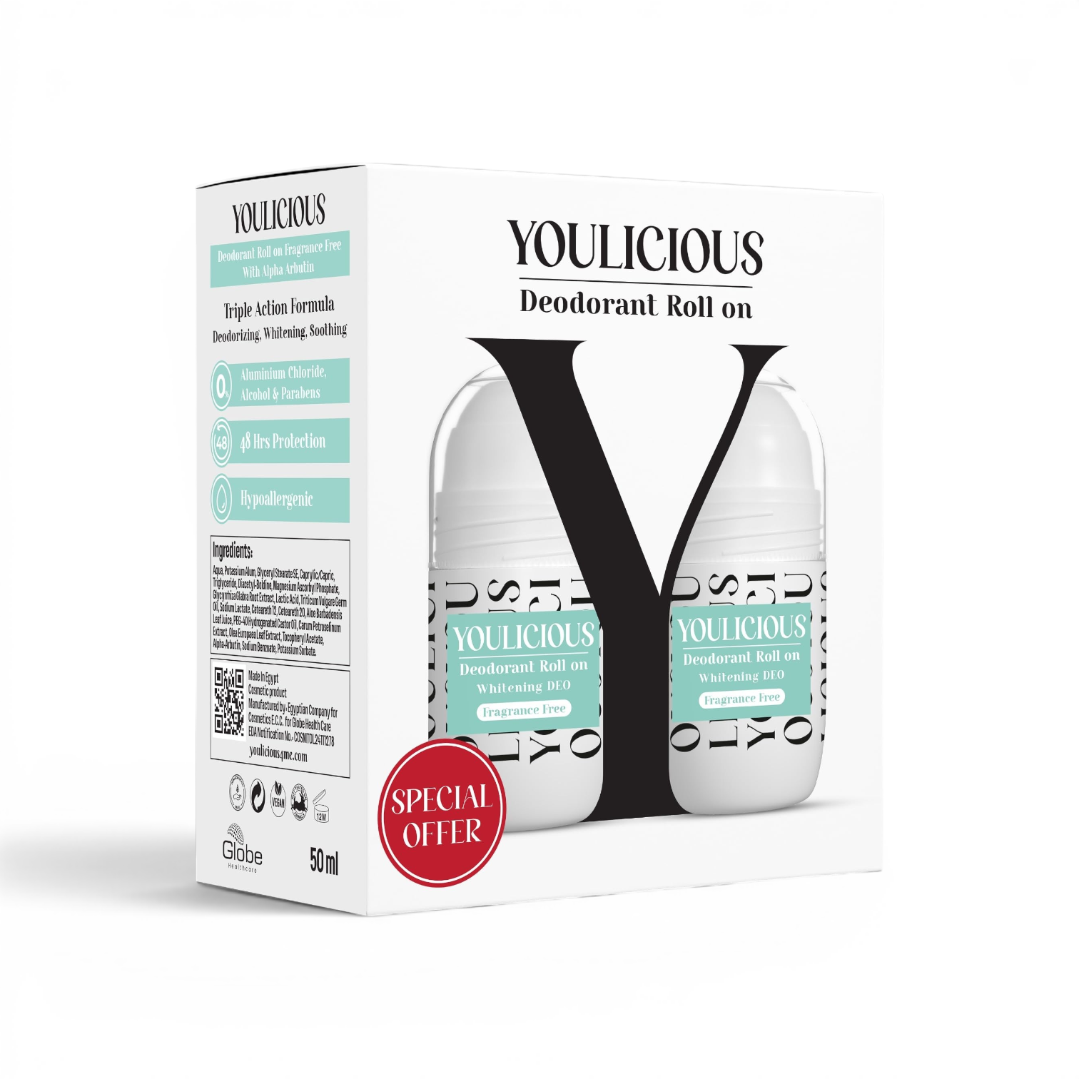 likemoon.shop Youlicious whitening deodorant roll-on promo pack containing two fragrance-free 50ml bottles in a box.